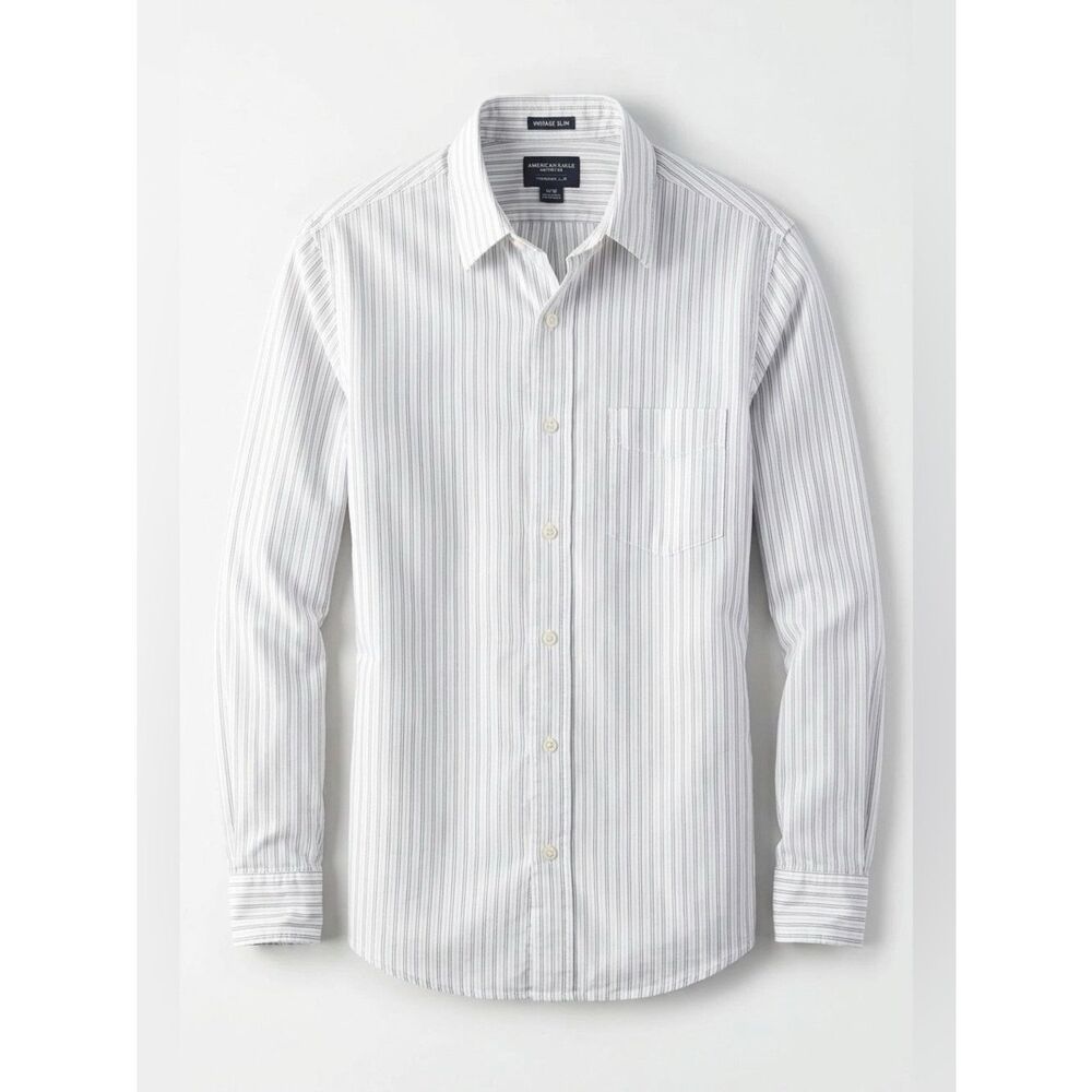 AEO VINTAGE SLIM FIT WHITE W STRIPES  XS LS SHIRT